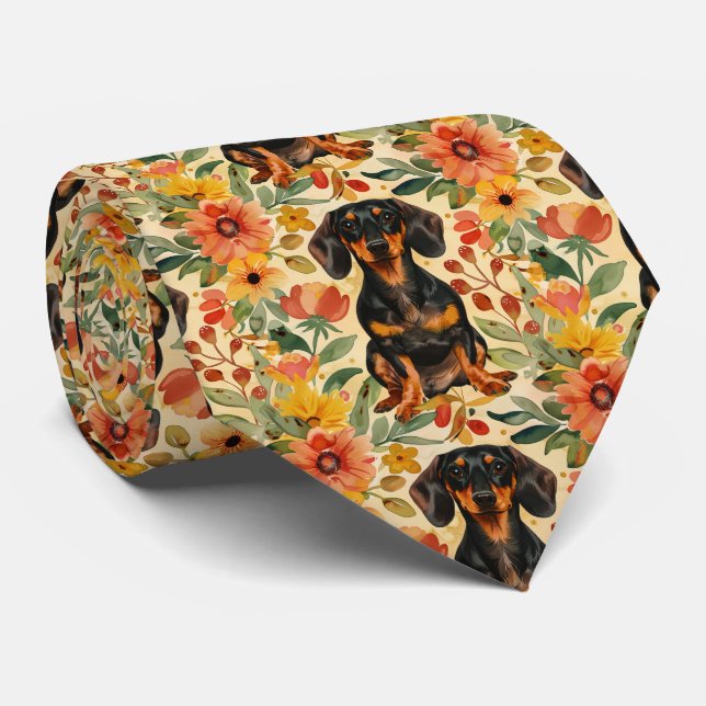 Corbata Dachshund Con Flores Gouache (Enrollado)