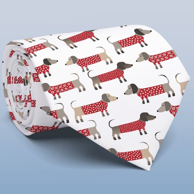 Corbata Dachshund Sausage Wiener Dog Holiday (Festive Dachshund Sausage Wiener Dogs in red and white knitwear on a tie )