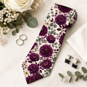 Corbata Dahlia y Rosa Floral Elegante Ciruela