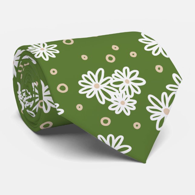 Corbata Daisies y puntos - blanco, arena y verde pálido (Enrollado)