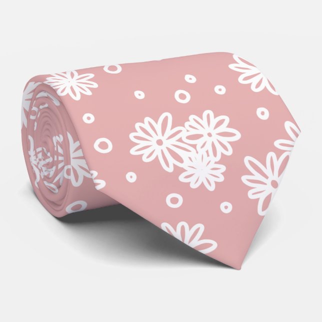 Corbata Daisies y puntos - rosa y blanco (Enrollado)