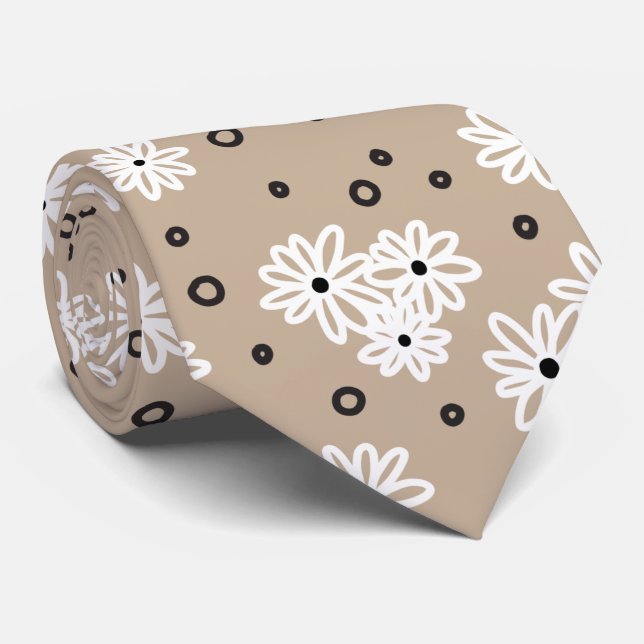 Corbata Daisies y puntos - Taupe, negro y blanco (Enrollado)