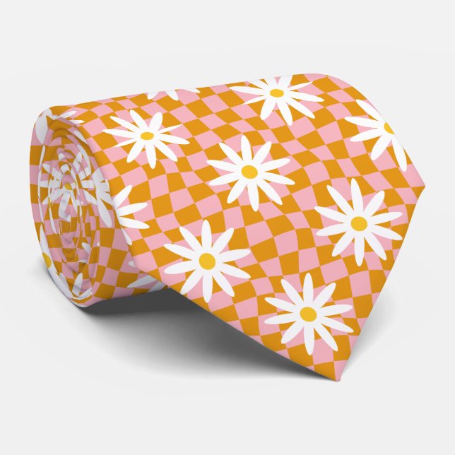 Corbata Daisy Groovy Retro Cuadros, Y2K 90s  (Enrollado)