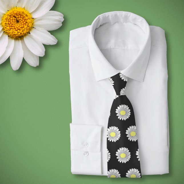 Corbata Daisy Pastel Botánico Flor Negro (Daisy Flower Black Neck Tie)