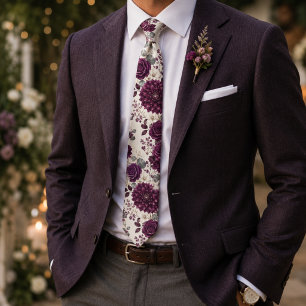 Corbata Dalia de ciruela de lujo y floral de rosa