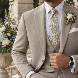 Corbata Damascado floral marfil azul polvoriento