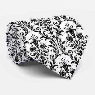 Corbata Damasco floral blanco negro