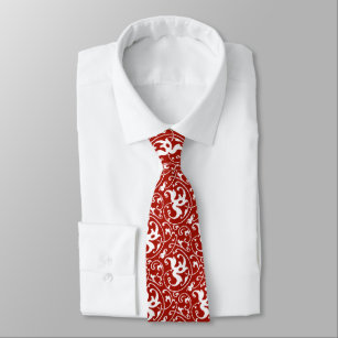 Corbata Damasco floral de Ikat - rojo oscuro y blanco