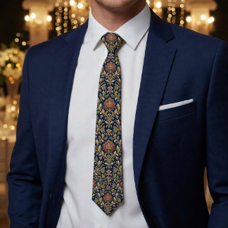 Corbata Damasco Floral Paisley Dorado Marino