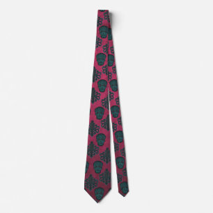 Corbata Damasco verde azulado Y Calaveras En Tejido Rosa C