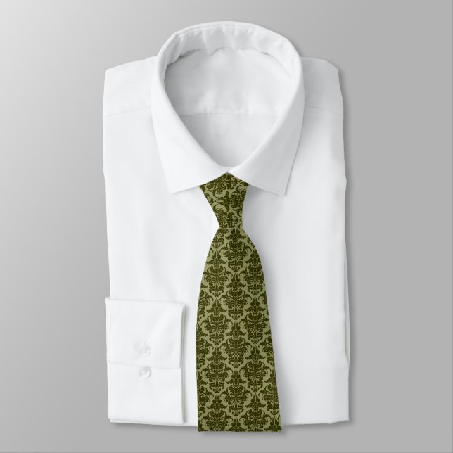 Corbata Damasco - Verde turbio en caqui (Atado)