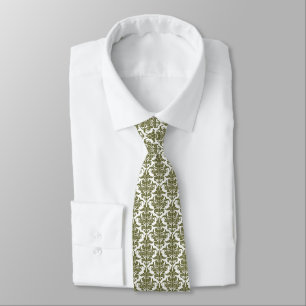 Corbata Damask - Drab de olivo en blanco
