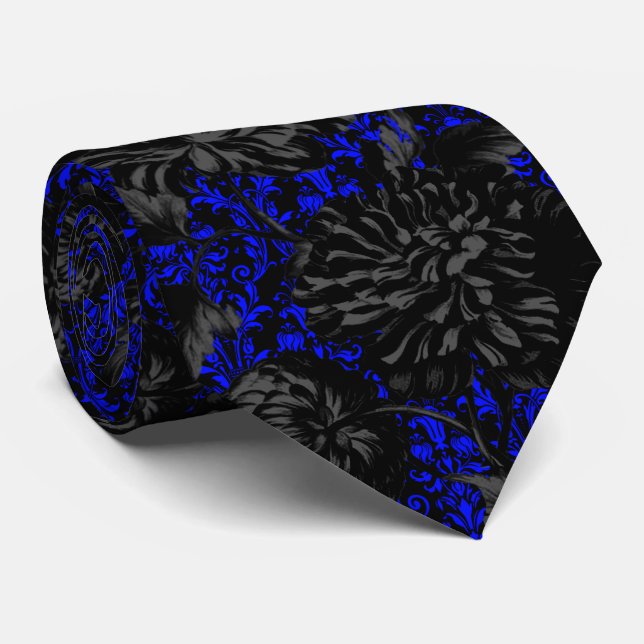 Corbata Dámaso gótico negro y azul Damasco Boda floral (Enrollado)