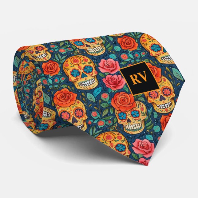 Corbata Day of the Dead Sugar Skulls with Roses on Indigo (Enrollado)