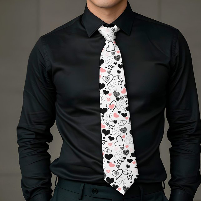 Corbata de amor personalizada Corazón Boceto Rosa  (Custom Love Tie Pink Black Heart Sketch)
