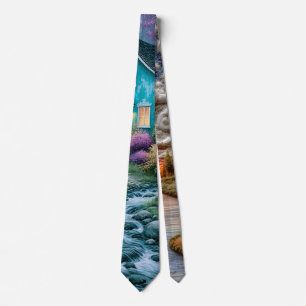 Corbata de arte con paisaje de cabaña junto al río