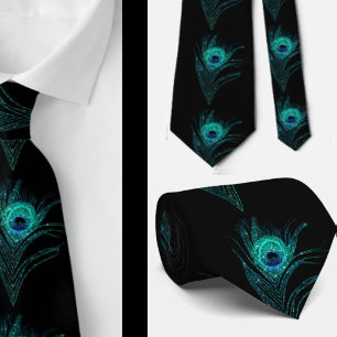 Corbata de boda con plumas de pavo real teal negro