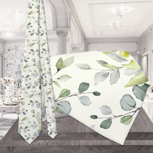 Corbata de boda de eucalipto verde blanco cremoso