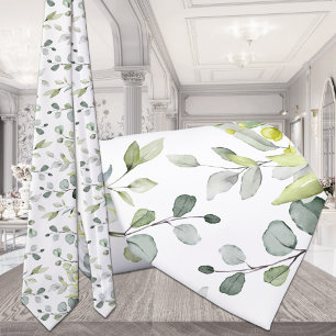 Corbata de boda de eucalipto verde blanco puro