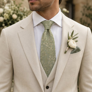 Corbata de boda de jacquard botánico verde salvia