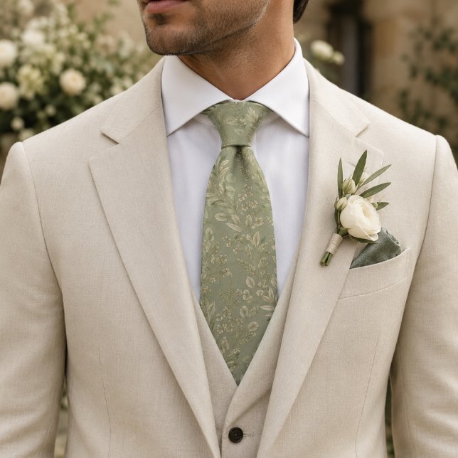 Corbata de boda de jacquard botánico verde salvia  (Subido por el creador)