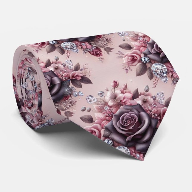 Corbata de Boda de Lujo | Rosas Purpura Rosadas y  (Enrollado)