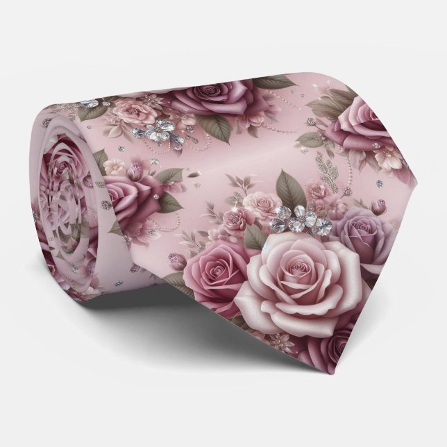 Corbata de Boda de Lujo | Rosas Purpura Rosadas y  (Enrollado)