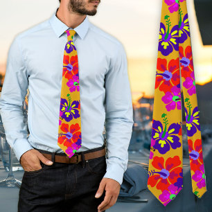 Corbata de boda dorada con patrón de hibisco en ne