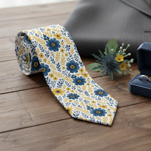 Corbata de boda floral amarilla de verano azul osc