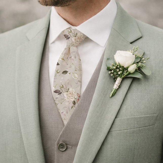 Corbata de boda floral con patrón de rosa marfil (Subido por el creador)