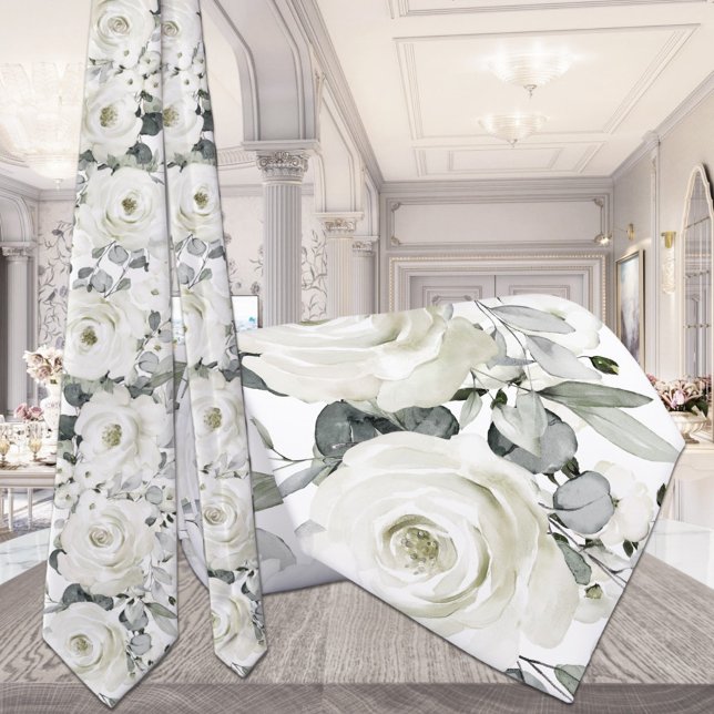 Corbata de boda floral verde plateado blanco (Subido por el creador)