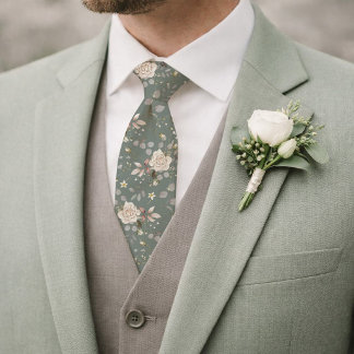 Corbata de boda floral verde salvia con rosas vint