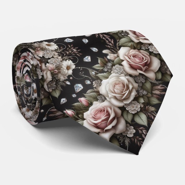 Corbata de caballero | Rosas rosadas y diamantes (Enrollado)
