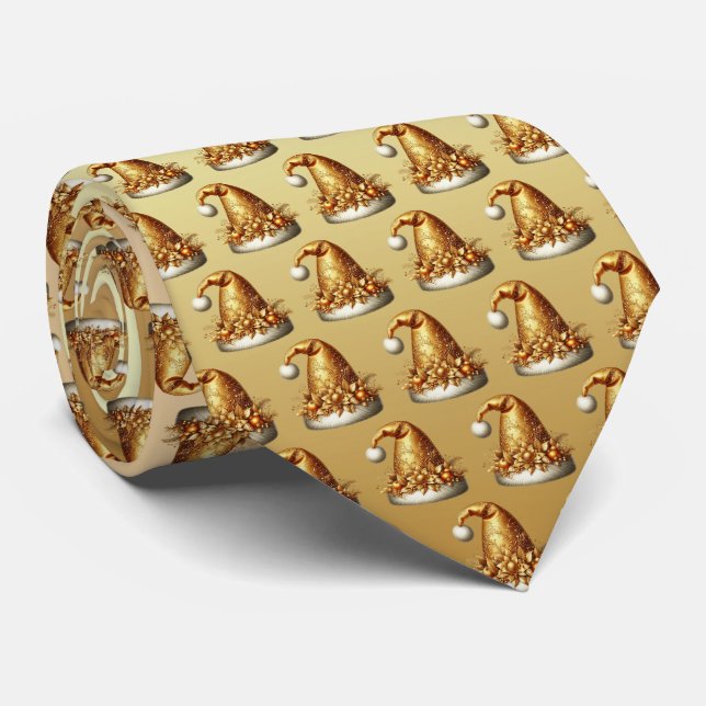 Corbata de cuello con sombrero de Santa dorado par (Enrollado)