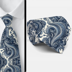 Corbata de cuello de paisley azul y blanco premium