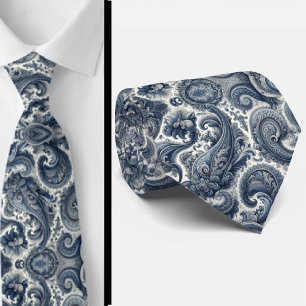 Corbata de cuello de paisley azul y blanco premium
