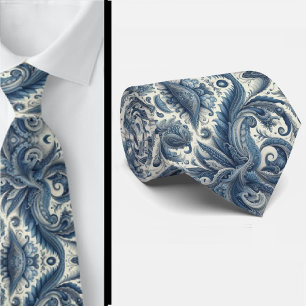 Corbata de cuello de paisley azul y blanco premium