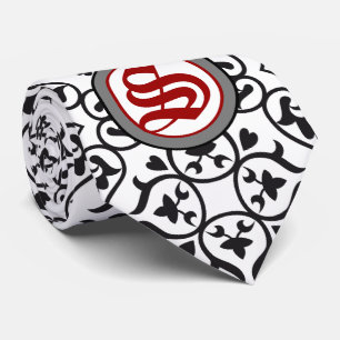 Corbata de damasco con corazón rojo y blanco y neg