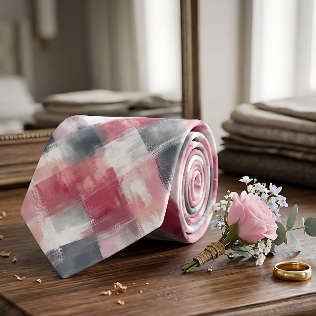 Corbata de hombre abstracta rosa y gris a cuadros (Subido por el creador)
