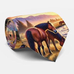 Corbata de hombre con caballos salvajes pastando a