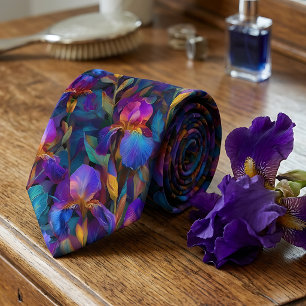 Corbata de hombre con iris púrpura floral vibrante