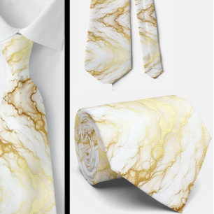 Corbata de Lujo Formal   Mármol Blanco y Dorado