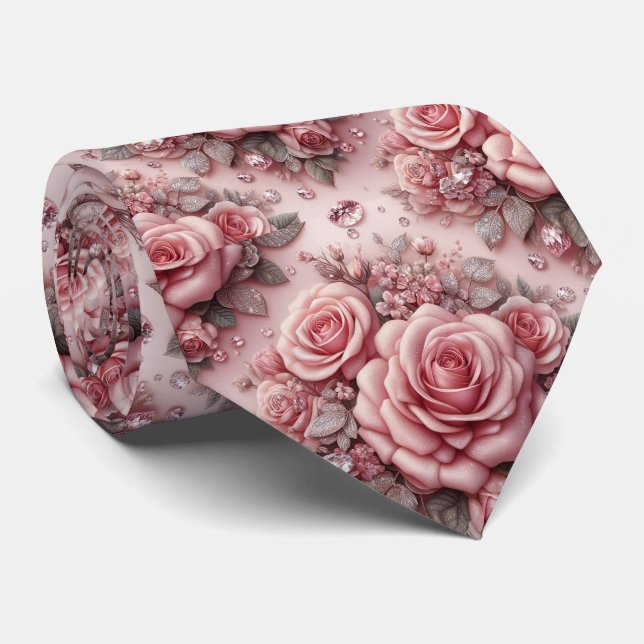 Corbata de Lujo para Boda | Rosas Rosadas y Diaman (Enrollado)