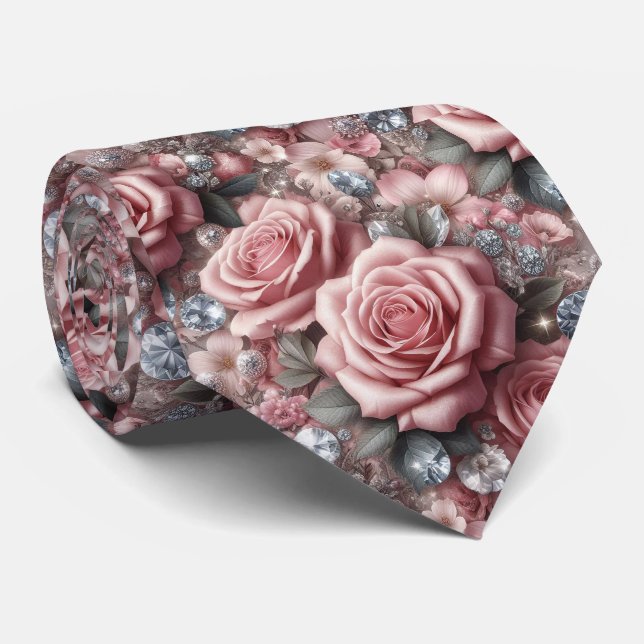 Corbata de Lujo para Boda | Rosas Rosadas y Diaman (Enrollado)