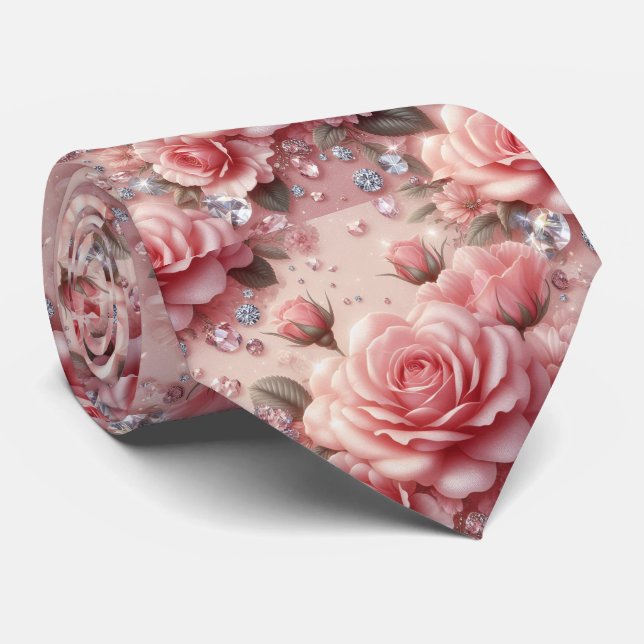 Corbata de Lujo para Boda | Rosas Rosadas y Diaman (Enrollado)