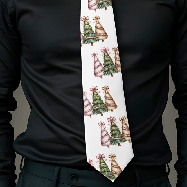 Corbata de Navidad con árboles de acuarela trendy  (Trendy watercolor Christmas trees green gold tie)