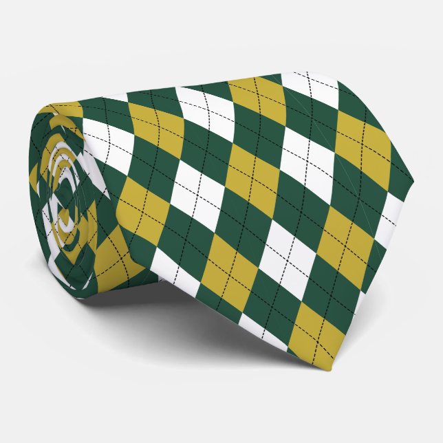 Corbata de patrón argyle verde oscuro y mostaza   (Enrollado)