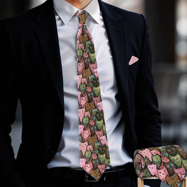 Corbata de patrón continuo Cool Cats - Rosa y verd (Cool Cats Seamless Pattern Tie - Pink & Green Fun (2))