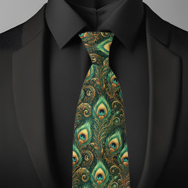 Corbata de pluma de pavo real verde y dorado