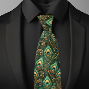 Corbata de pluma de pavo real verde y dorado
